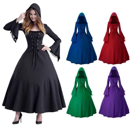 Dámské gotické šaty čarodějnice s kapucí, vintage středověké viktoriánské šaty, halloweenská renesanční cosplay róba na maškarní večírky, hraní rolí