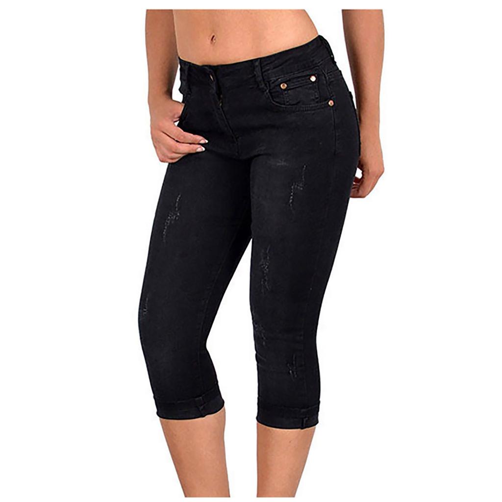 Moda Femei Blugi subțiri Blugi elastici cu manșete Pantaloni tăiați de mărime mare