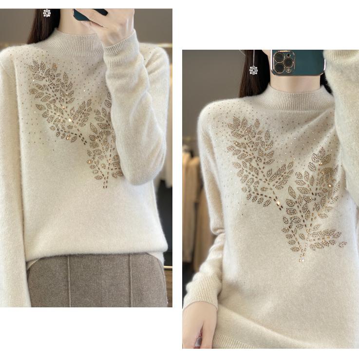 Pull semi-col roulé pour femme automne/hiver, pull ample en strass, haut en tricot doux