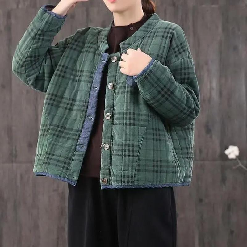 Coat for Women Cotton Thickened Plush Autumn Winter Throwback Grid Oversize Casual Button Down Jacket