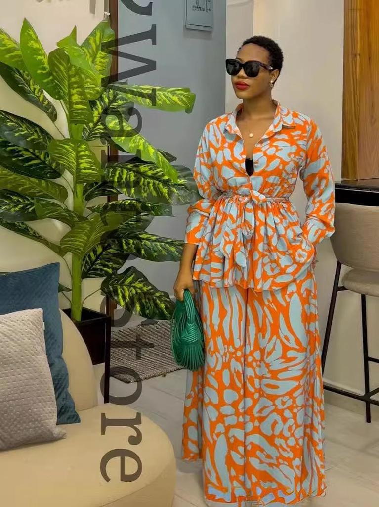 2024 Spring Women's Plus Size High Waist Wide Leg Printed Pants Set - Casual European & American Fashion