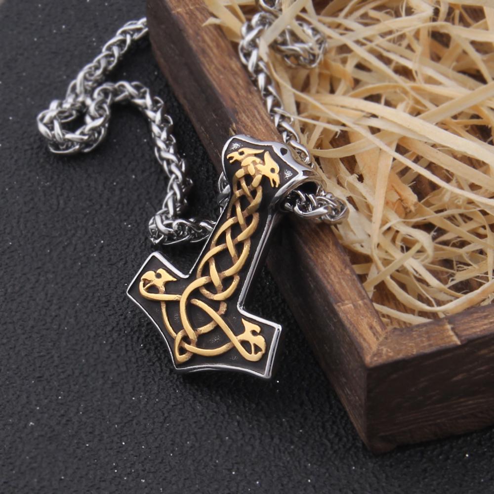 Never Fade Mix Gold color thor s hammer necklace viking scandinavian Wolf viking necklace Men Stainless Steel gift 70cm