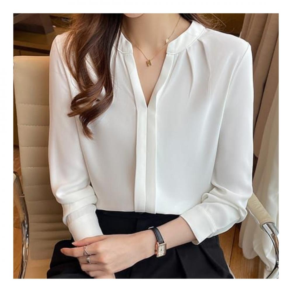 Navava Office Simple Solid Cut Neck Long Sleeve Shirt Nb2278