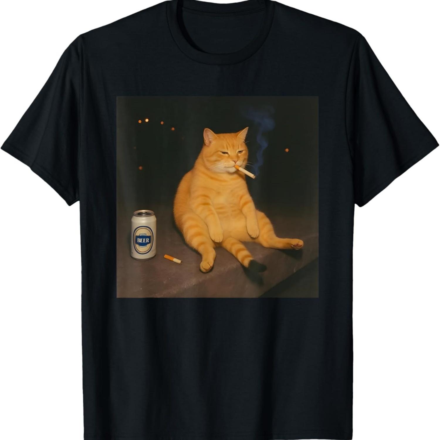 Кот-курильщик Забавный курящий кот Мем Глупый мозг Т-Ширт(4) S чёрный