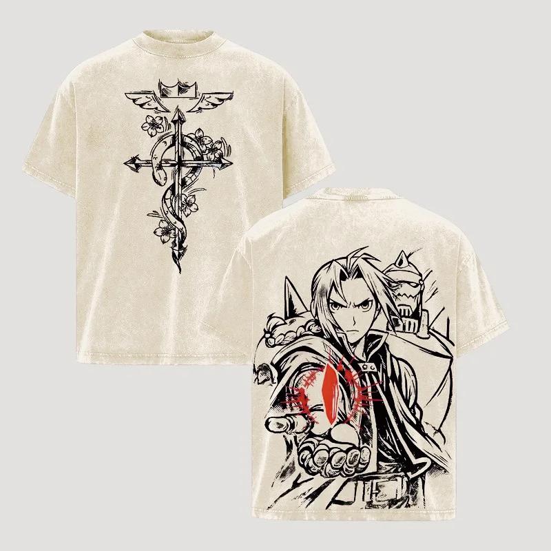 Fullmetal Alchemi Anime T-shirt For Men's Clothing Edward Elric Vintage Washed Oversized T Shirt Short Sleeve Cotton Tees Tops