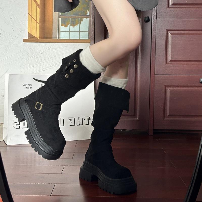 Small People Grow Taller In Autumn and Winter, Pile Up New Models, But Thick-soled Knight Boots Knee Boots Women's Boots Suede Tall Tube