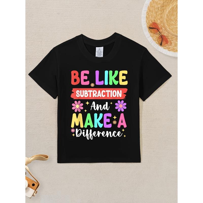 Tailles européennes T-shirt graphique pour enfants sur le thème des mathématiques « Sois comme la soustraction & Fais la différence » - Design coloré - Inspiré