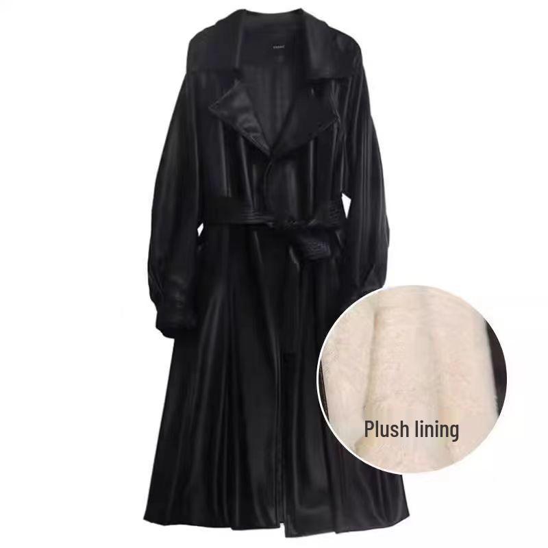 Women's Mid-Length Leather Jacket: European & American Style, Autumn/Winter 2025, Plus Velvet, Thickened Trench Coat