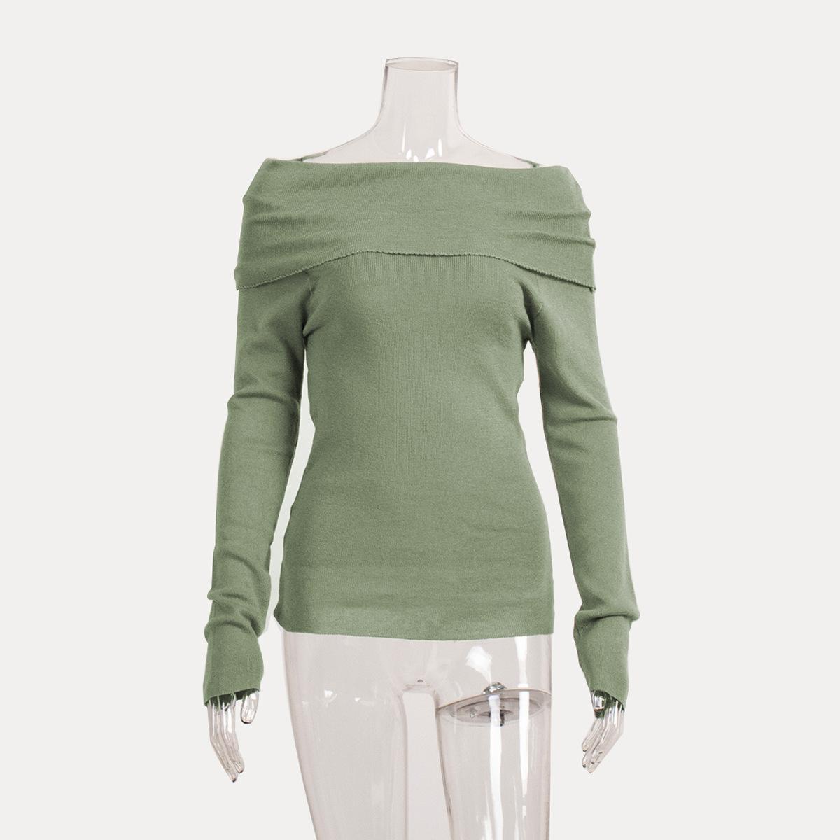 

Off-the-shoulder knitted sweater European and American spring female sexy slim-fitting solid color pullover one-word neck long-sleeved knitted sweater S светло-зеленый