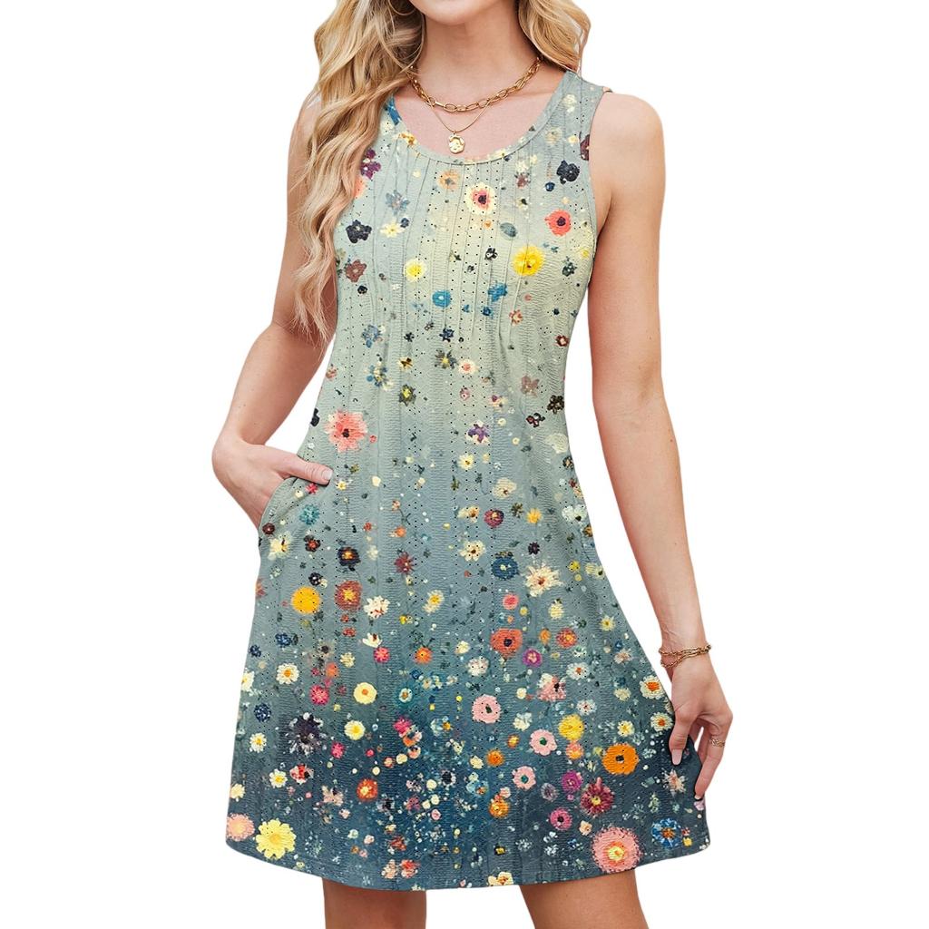 Women's Casual Fashion Breathable Flower Printed Vest Dress With Pockets