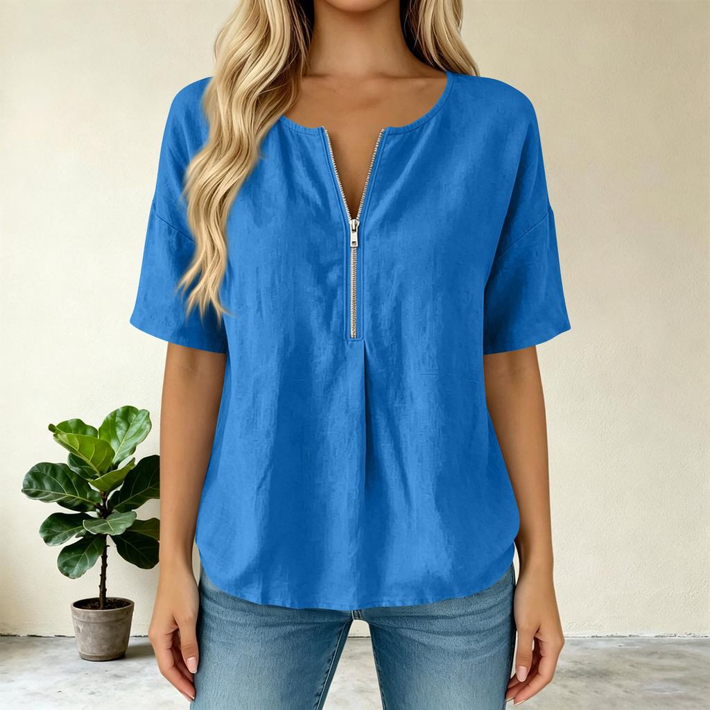 Women’s Fashion Solid Pullover Top with Round Zip Neck Relaxed Fit Short Sleeve Blouse for Casual and Daily Wear
