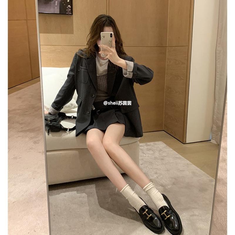 [] Houghton Manor~ British retro gold buckle cowhide lazy loafer single shoes women's small leather shoes