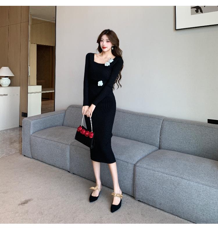 Off-White Floral Elegant Slim-Fit French Autumn/Winter Dress