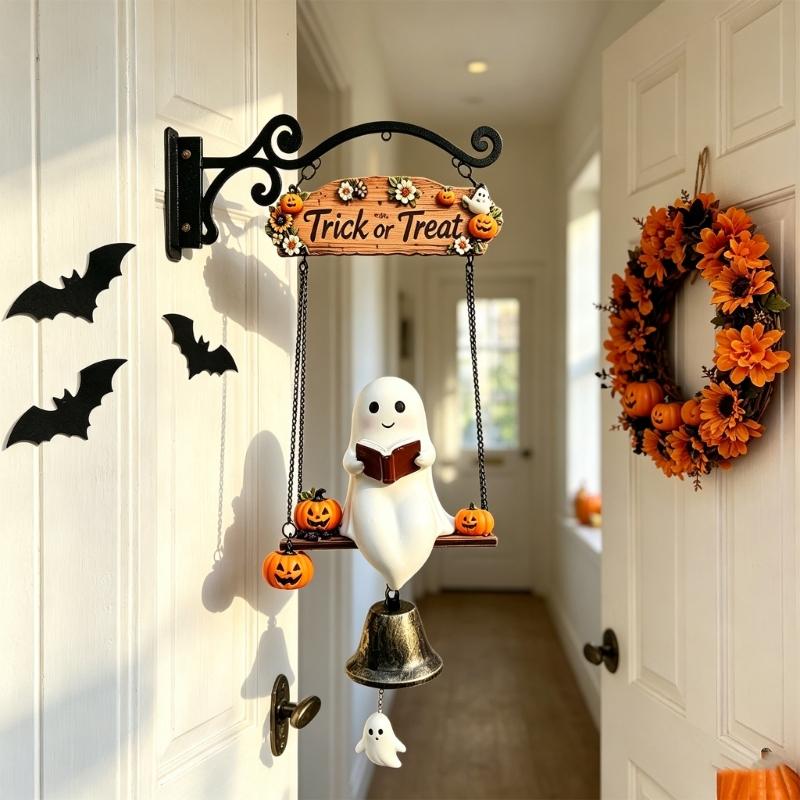 Saisonales Veranda-Hänge-Türklingel-Ornament mit geisterhafter Leser-Buch-Figur, Süßes oder Saures-Schild und Metallglocken-Akzent für den Halloween-Eingang