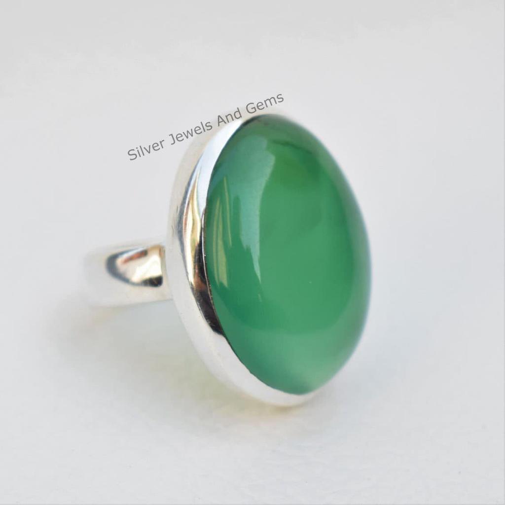 Handmade Oval Green Onyx Ring, 925 Sterling Silver, December Birthstone
