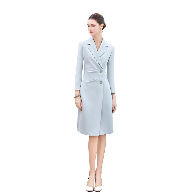 Blue Two-Button Suit Collar Women's Mid-Length Dress - Spring & Autumn Style