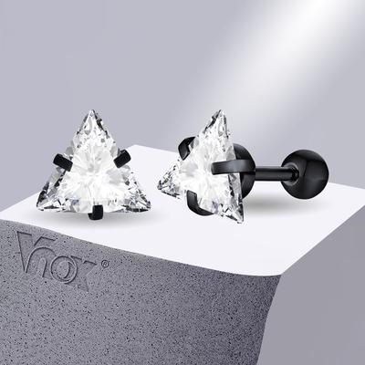 Vnox Stylish Triangle Stud Earrings for Men Women, AAA CZ Stone Unisex Ear Clip Jewelry, Rock Punk Vintage Accessory