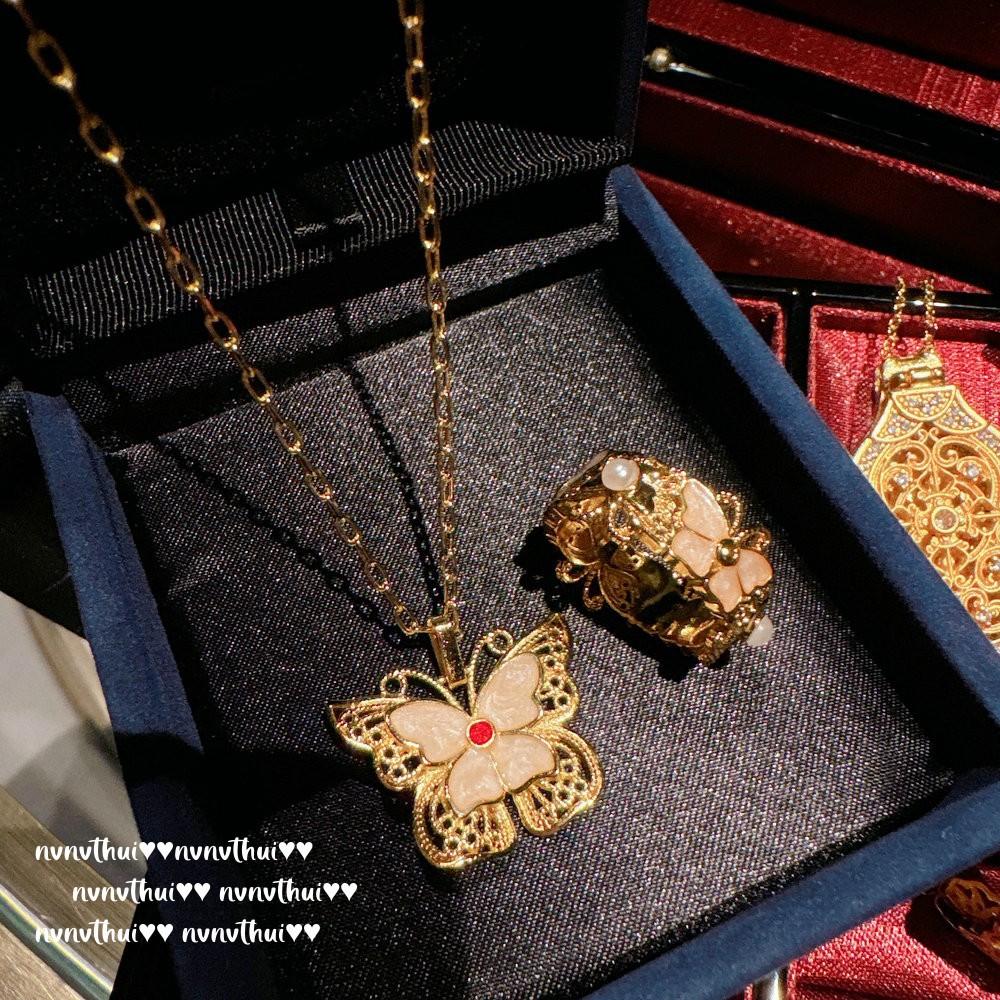 Ancient Gold Chiseled Butterfly Fritillary Gemstone Bracelet, New Chinese Style, Densely Woven Honeycomb Butterfly Drop Glaze Necklace Set