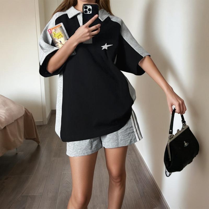 Damen Sommer Sport Easy Freizeit Polo Mit Buchstaben Stickerei Farben Choli Hosen Anzug