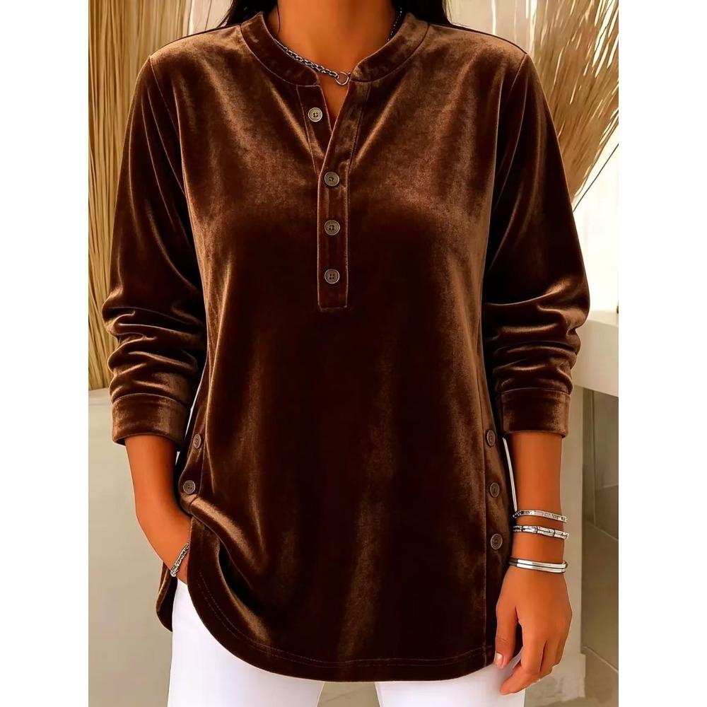 Autumn Winter New Women's Gold Velvet Top Casual Loose V-Neck Button Long Sleeve T-Shirt Velour Tee