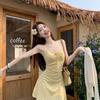 French yellow floral suspender dress women's summer 2026 fashion new waist A character looks thin and gentle Korean