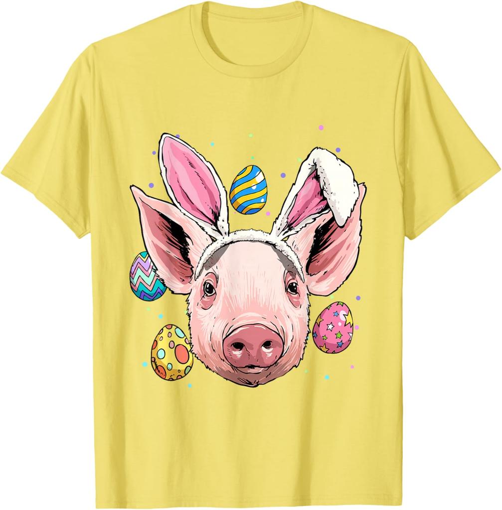 Lustiges Schwein mit Hasenohren Ostereier Grafik T-Shirt Lässiges Baumwoll Kurzarm-T-Shirt für Herren