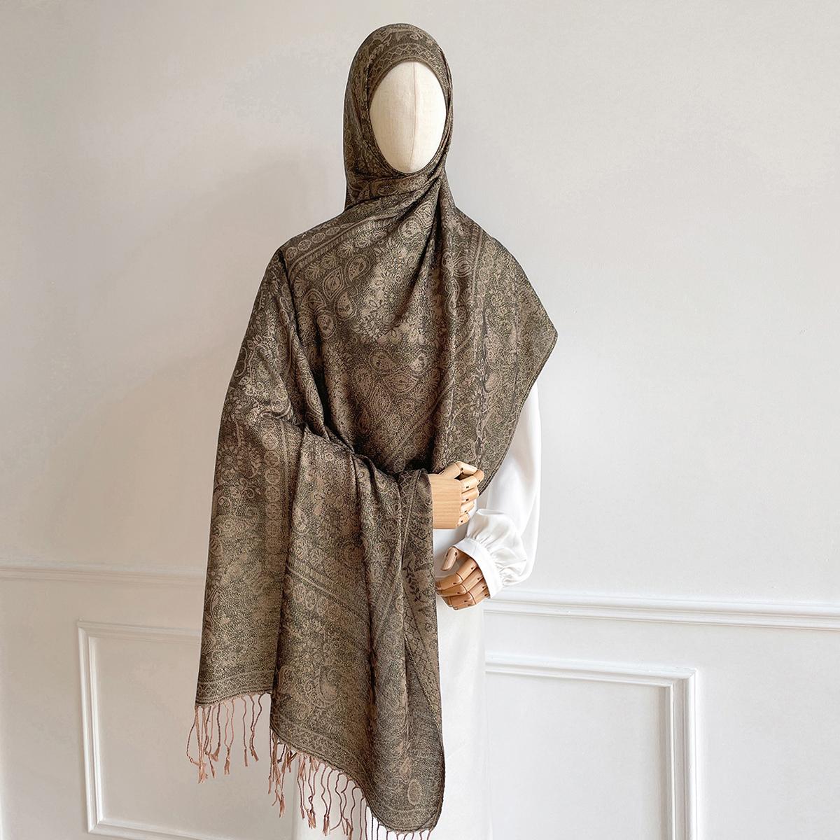 

Высококачественный жаккардовый женский хиджаб-шарф с золотой нитью, женский платок, шаль для Рамадана, мусульманская повязка на голову, исламские шарфы, зима