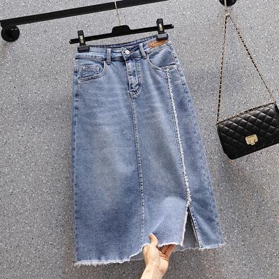 Jeansrock mit Spaltleder-Patches für Damen, Quaste, A-Linie, wadenlang, Stretch, hohe Taille, Rock für Damen, Blau, Sommer, elegante Mode