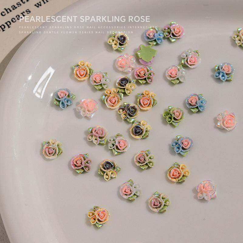 10 Pcs 3D Carved Rose Resin Colorful Rose Nail Charms Flower Accessories Material Nail Art Decorations Diy Manicure Salon Supply