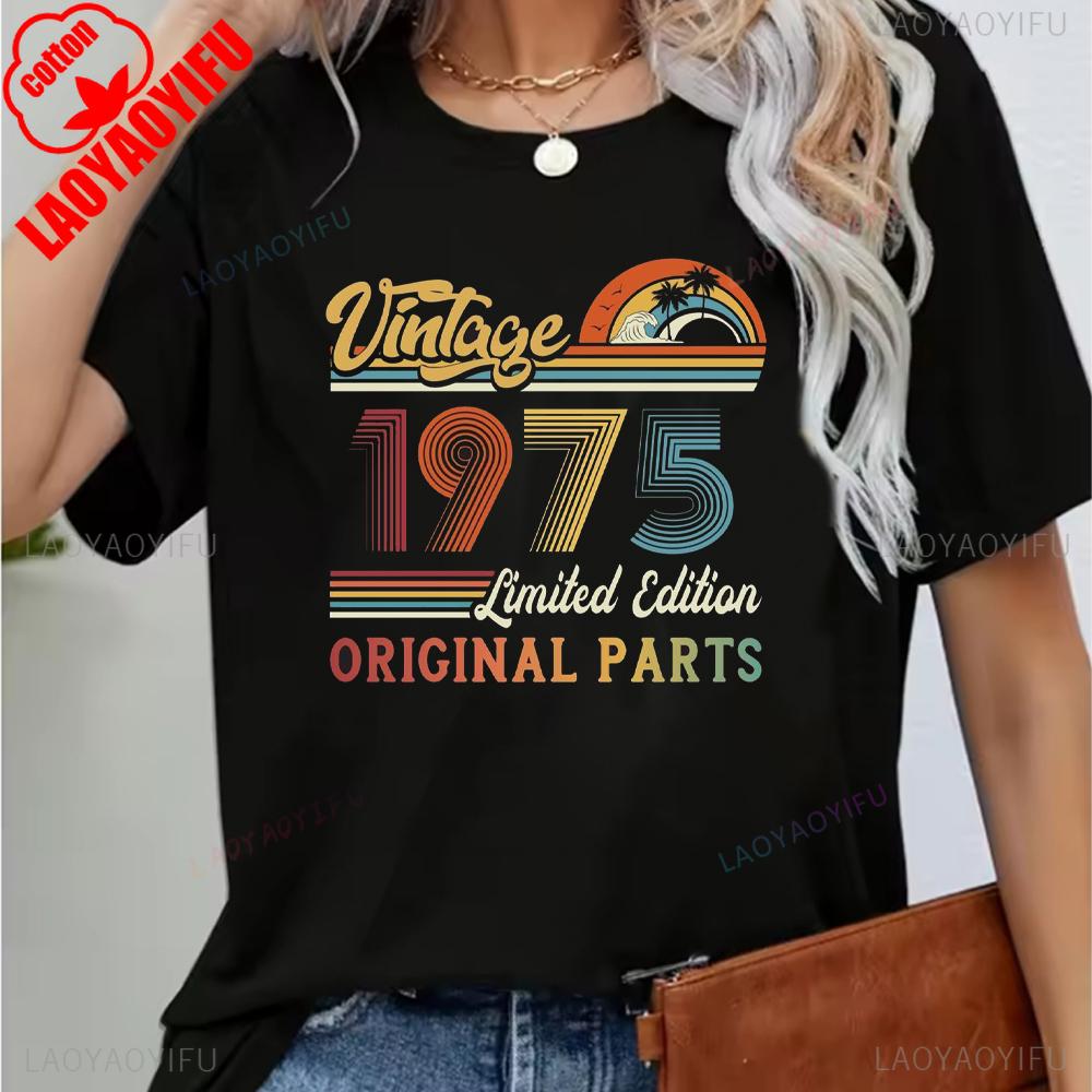 Vintage 1975 Funny 50Th Birthday Gifts 50 Years Old Retro Print T-Shirt Short Sleeve Crew Neck Casual Top for Summer & Spring