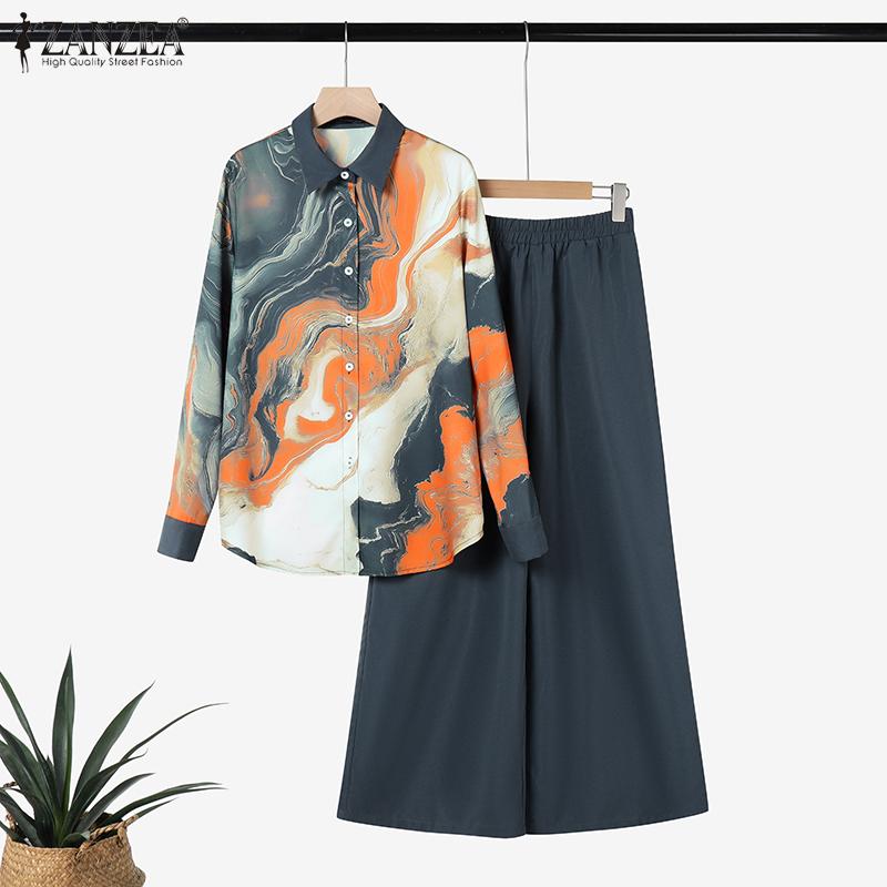 ZANZEA Women Print Shirts and Pants Casual Two Piece Suit Sets