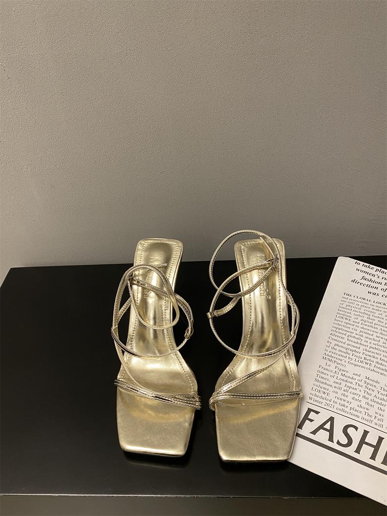 2025 Spring and Autumn New French Niche High-heeled Sandals Temperament Square Head Buckle Stiletto Strap Stiletto Sandals