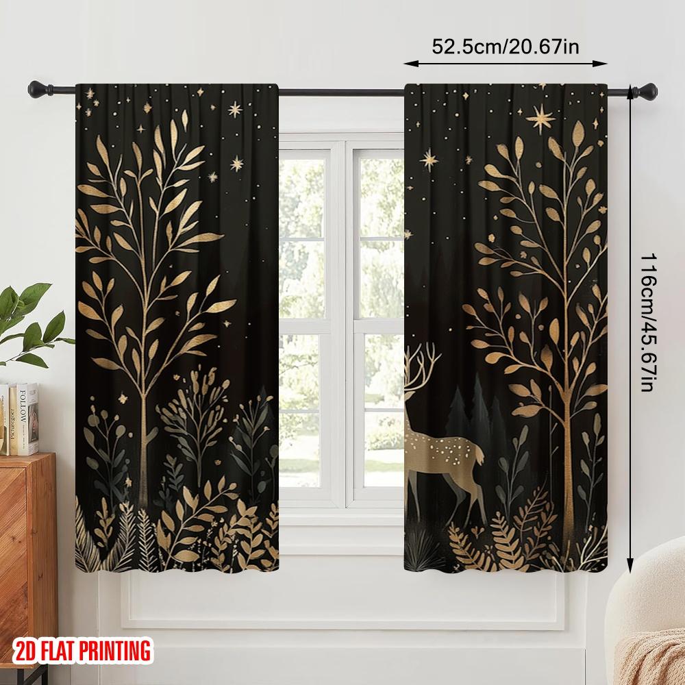 2pcs,2D Plane Printing Curtain Popular Deer Snow Forest Night Versatile 100% Polyester (without Rod) Decorations Inside Perfect