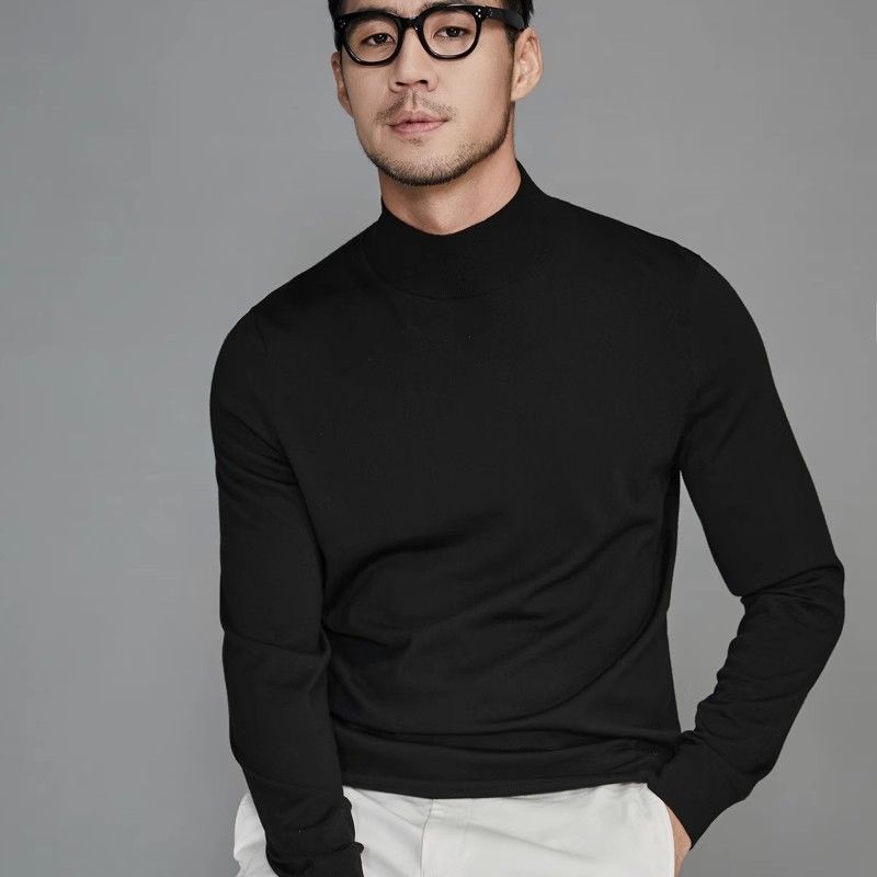 

Trend Fashion Autumn Winter New Thin Sweaters Men Solid Mock Neck Smart Casual All-match Long Sleeve Slim Pullovers Knitted Tops M чёрный