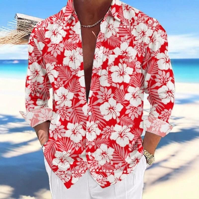 Men Floral Print Long Sleeve Shirt Loose Lightweight Beach Vacation Button Down Tops S