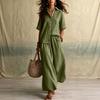 Women's Casual Two Piece Set Color Lapel Collar Button Front Half Sleeve Top and Wide Leg Pants