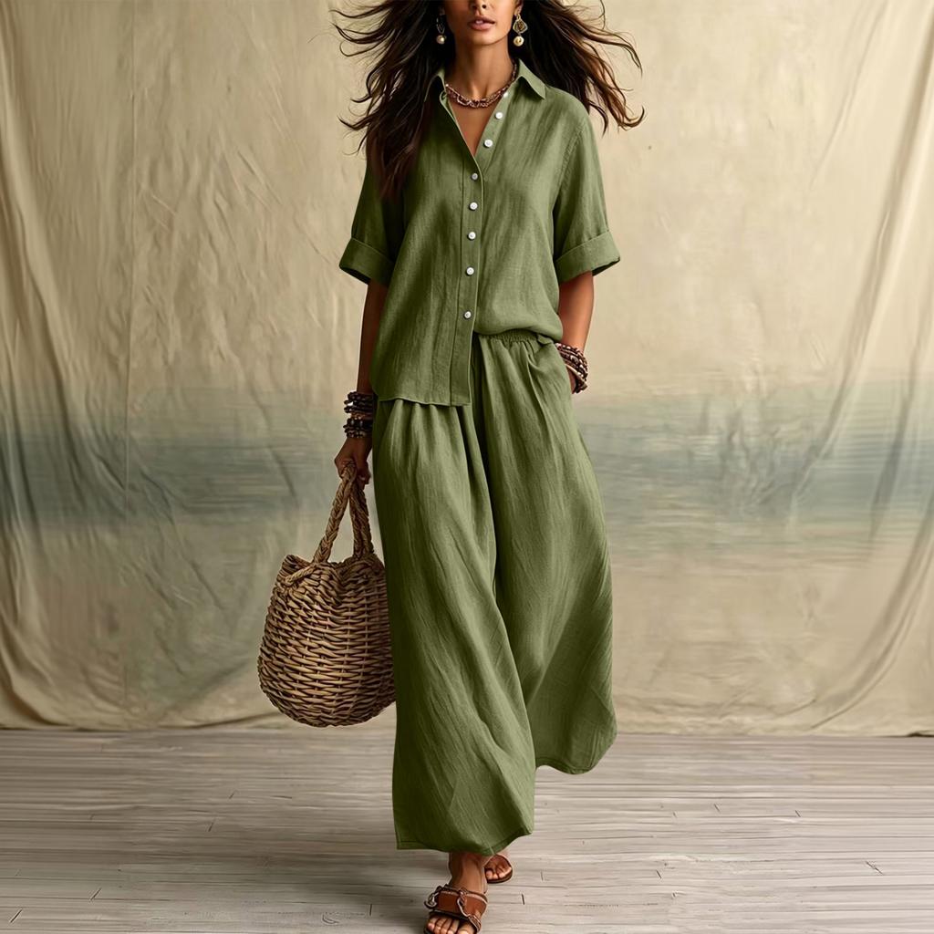 Women's Casual Two Piece Set Color Lapel Collar Button Front Half Sleeve Top and Wide Leg Pants