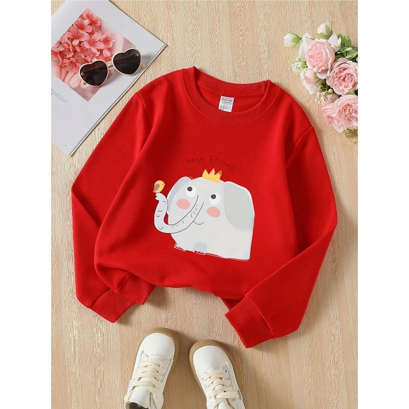 European sizes Kids' Cute Elephant Bird & Crown Print Round-Neck Hoodie - Soft Spring/Fall Casual & Sportswear, Playful ' with Easy Care, Regular Fit