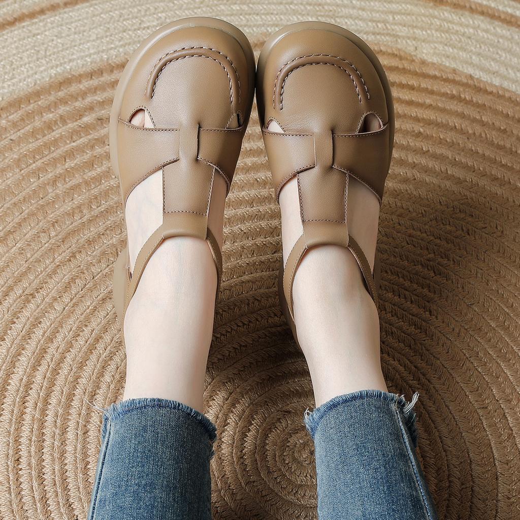 Summer new wide feet fat feet fat feet mother shoes comfortable platform retro Roman style leather sandals women