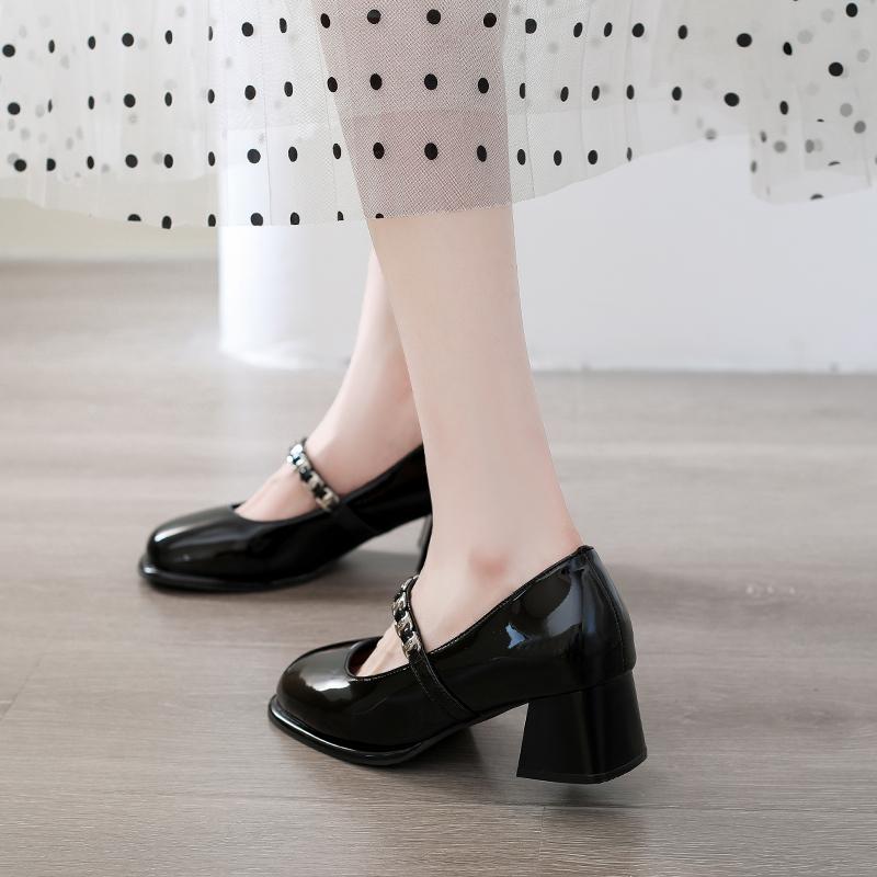 Fashion Metal Buckle One Strap Square Heel Single Shoes New Round Toe Shallow Mouth Mary Jane Shoes for Autumn
