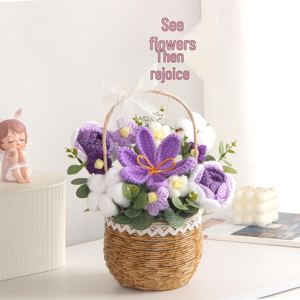 Sonnenblumen Gestrickter Wollstrauß in Handkorb - Geburtstag, Feiertag, Lehrertag, Abschlussgeschenk
