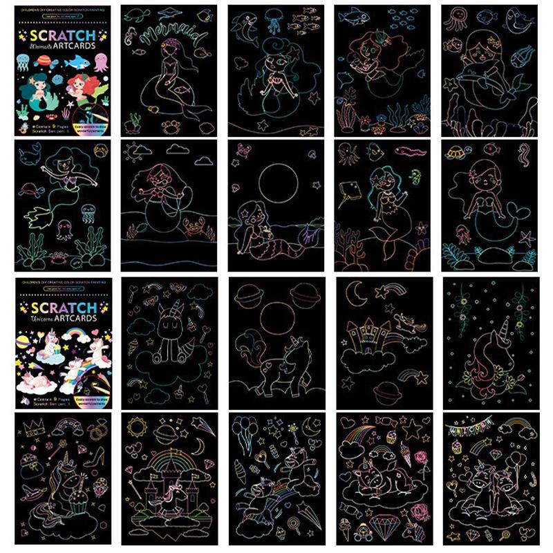 18 PCS Scratch Painting Papers Magic Rainbow Colored Drawing Set Space Animal Ocean Pirate Bamboo Stick Gifts for Boys Girls ZYF