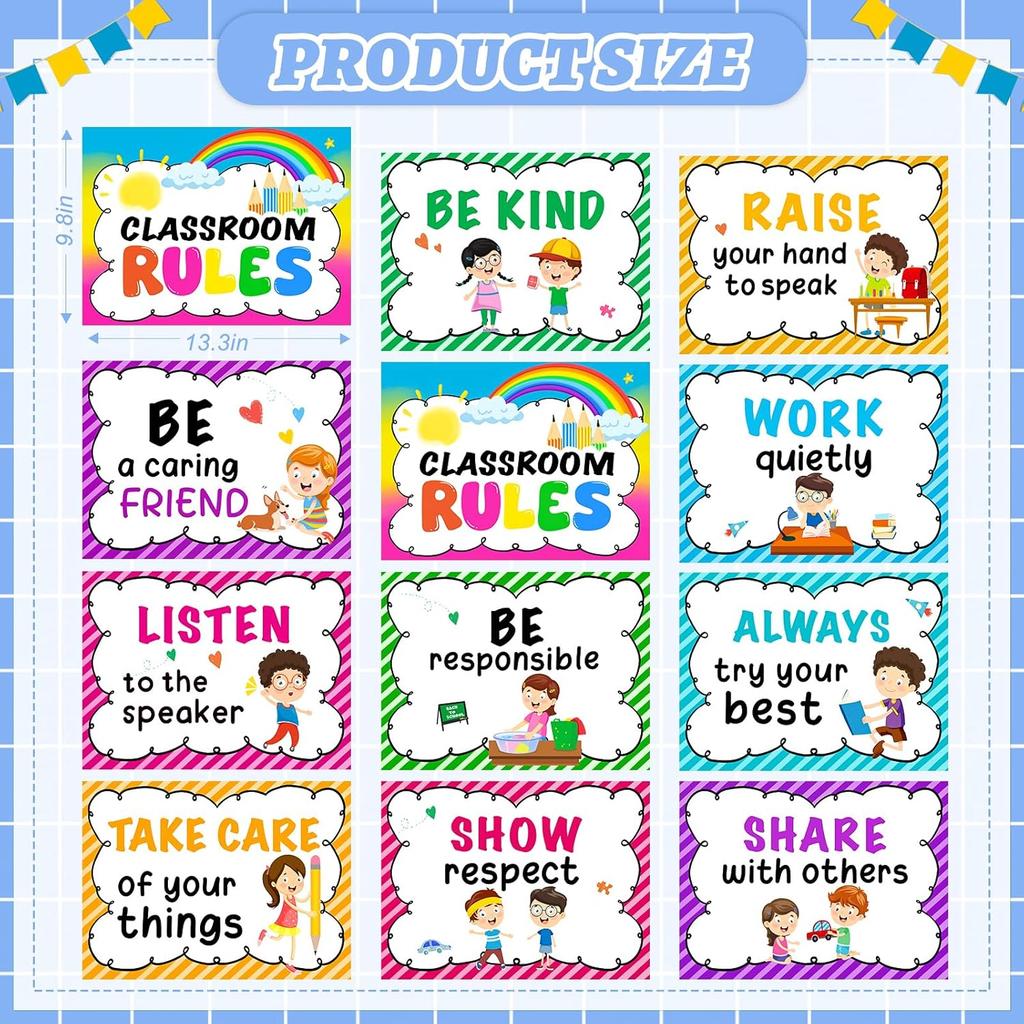 Sereliy 12PCS Classroom Rules Posters Behavior Educational Manners Chart Positive Expectation Poster for Kindergarten Primary Classroom Bulletin