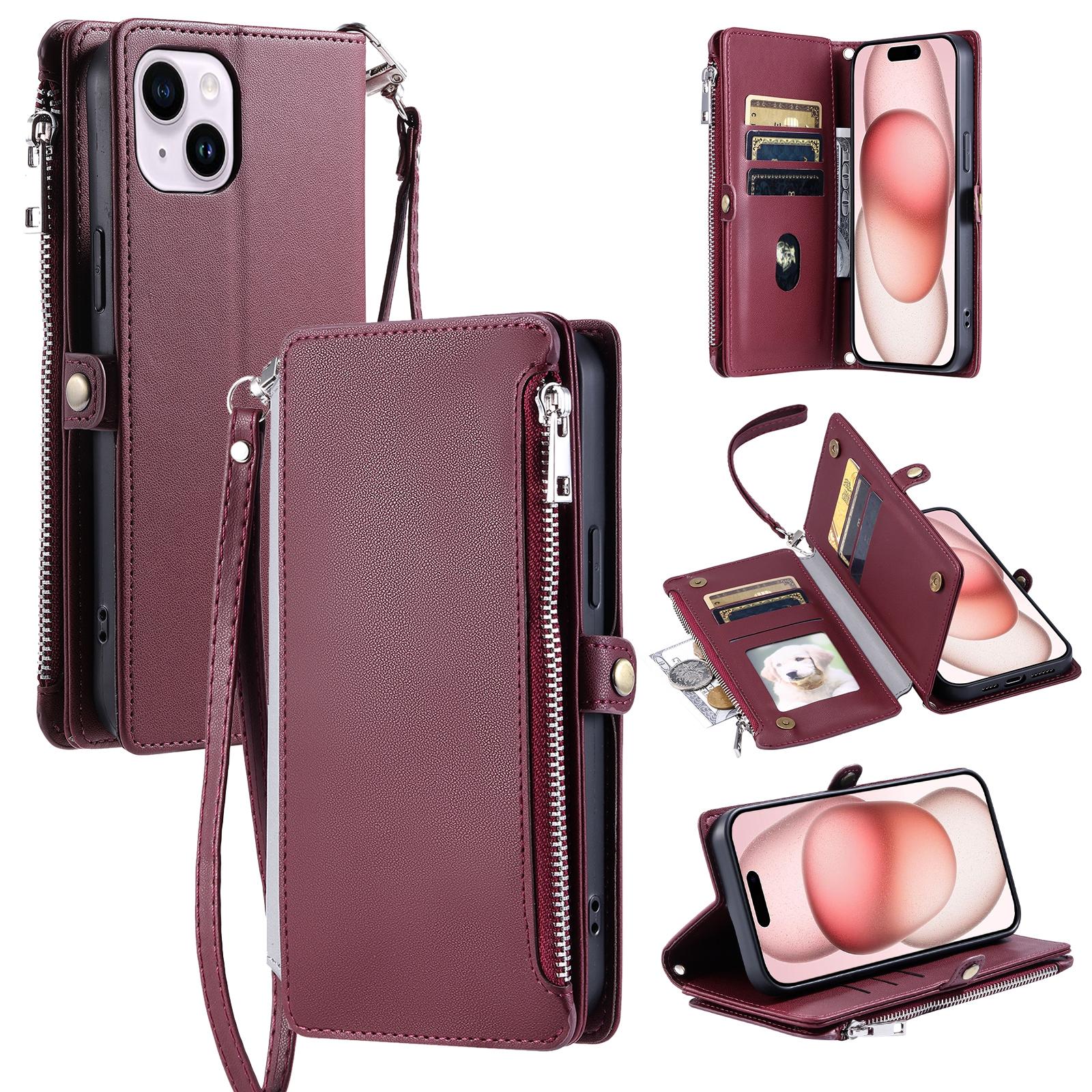 

015 Style For iPhone 15 Leather Case Zipper Pocket Shockproof Phone Cover Wine Red