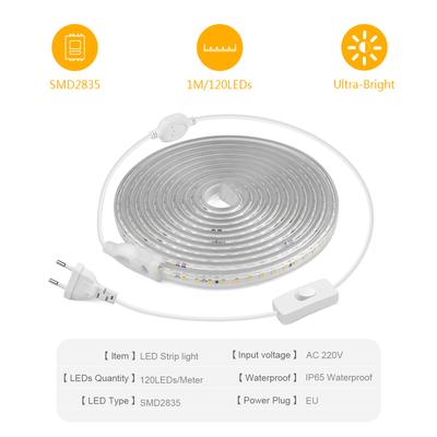 AC 110V 220V Super Bright Waterproof LED Strip with Switch LED Tape Ribbon 120leds/m for Outdoor Garden Yard Pathway Porch Decor