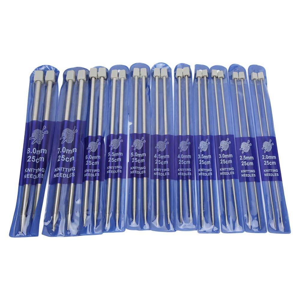22 Pcs 25cm Length Straight Single Pointed Needles Metal Knitting Needles For Socks Knitting