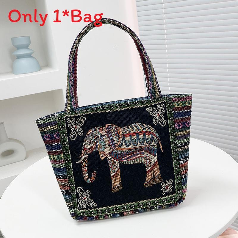 Elephant Embroidered Canvas Handbag With Dual Handles For Casual Daily Use