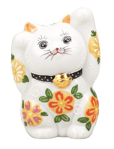 Kutani ware Iwataya 4 Maneki Neko with both flower No. (beckoning cat) hands, K9-1543