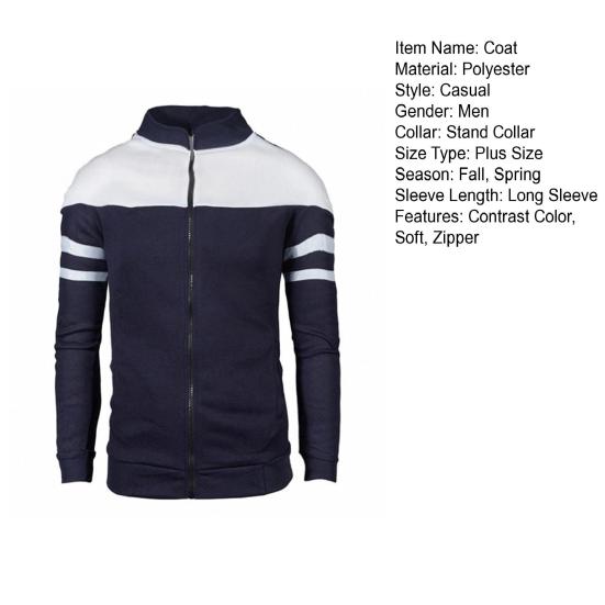 Men Autumn Coat Zipper Stand Collar Long Sleeves Contrast Colors Stretchy Hem Keep Warm Cardigan Color Matching Plush Plus Size Fall Coat for Daily