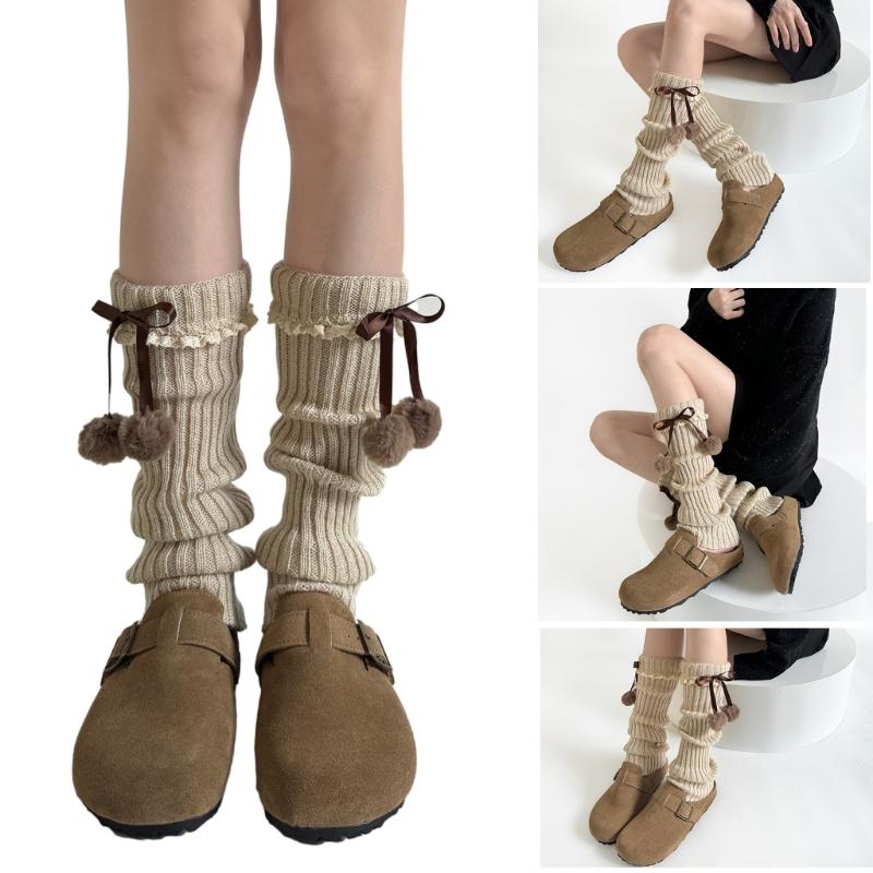Fashionable Plush Balls Bows Adorned Leg Warmers with Lace Details for Women's Knitted Turn Cuffs Leg Covers Sleeves